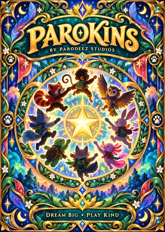 Parokins trading card back with animal-kid adventurers around a shining star
